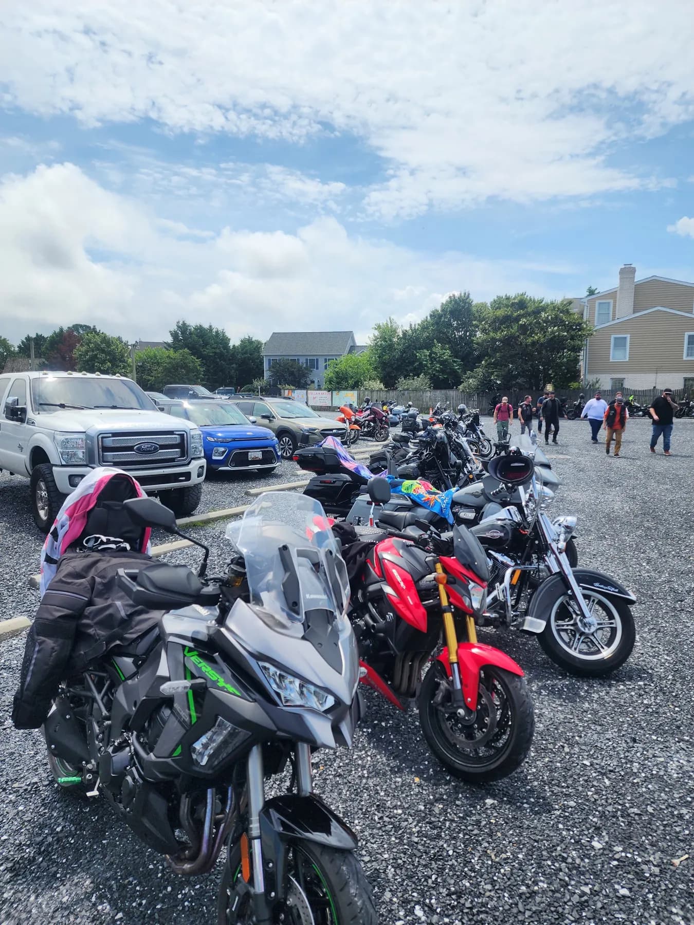 Sport bikes lined up during an Iron Vanguard group ride in Maryland