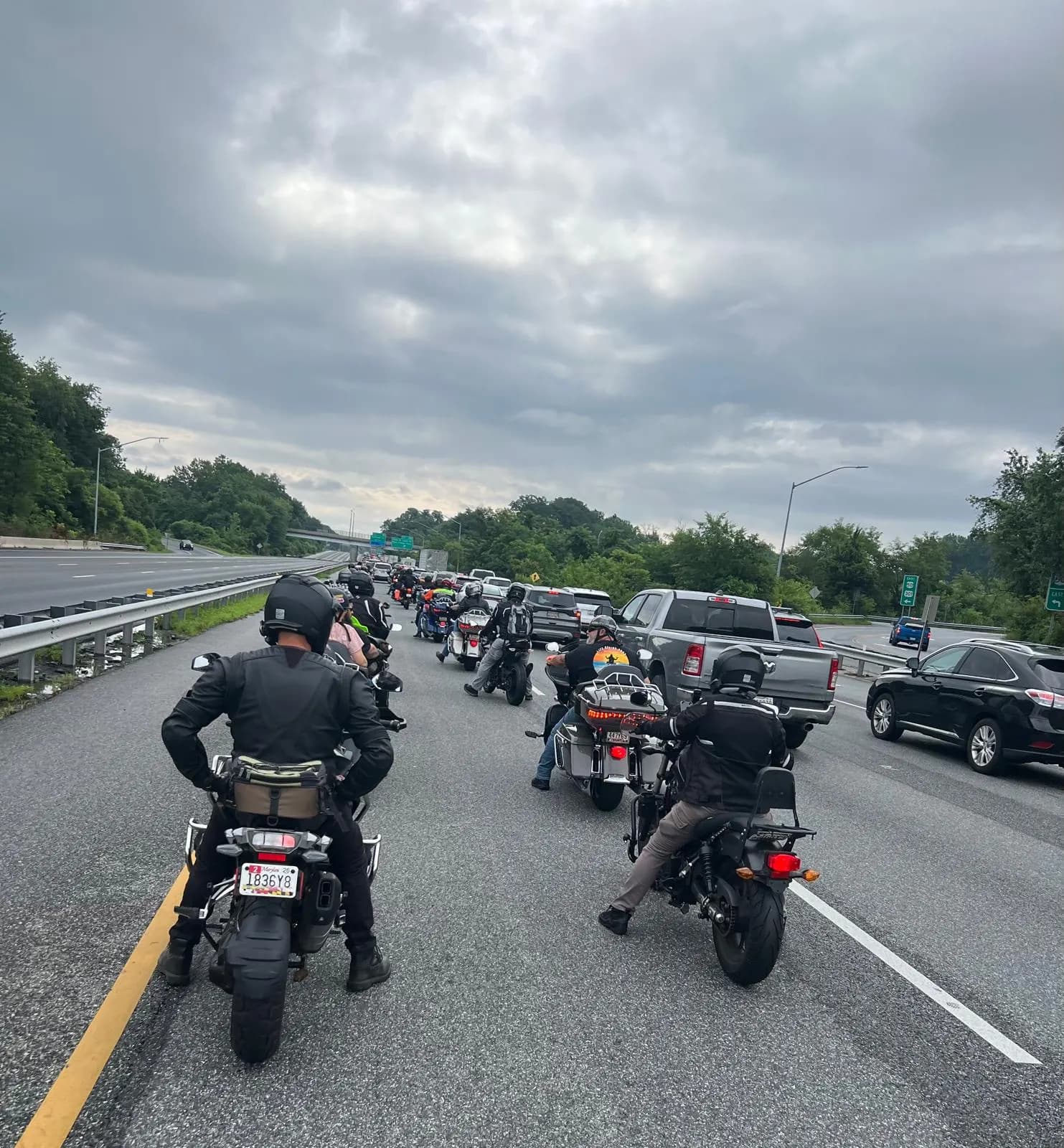 Cruisers and baggers riding in formation on a Maryland highway